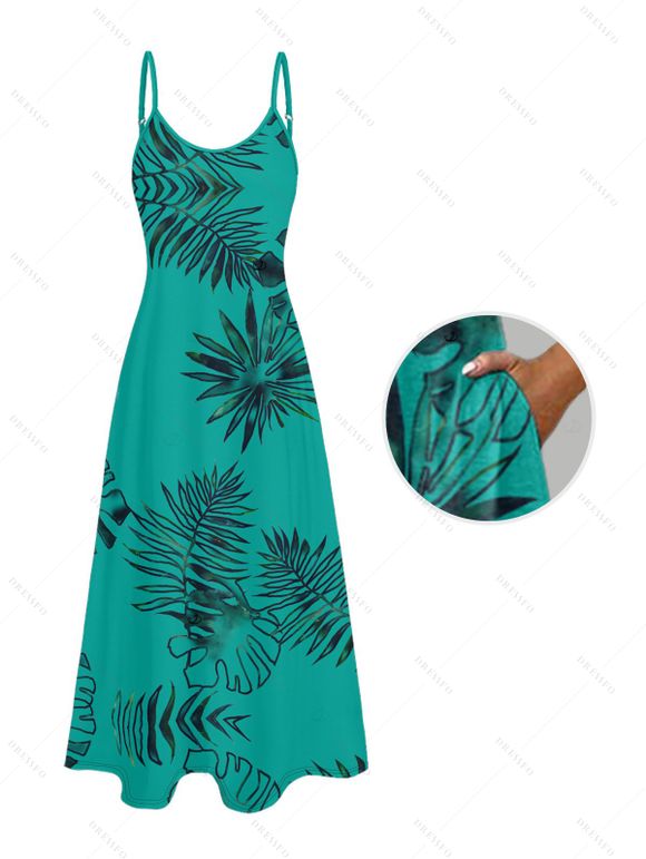 Robe de vacances à imprimé feuilles tropicales et poches, robe longue à bretelles spaghetti pour la plage - Vert XXL | US 14