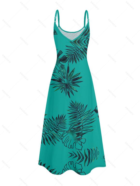 Robe de vacances à imprimé feuilles tropicales et poches, robe longue à bretelles spaghetti pour la plage - Vert L | US 8-10