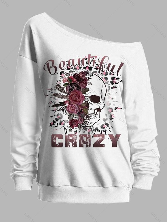 Sweat-shirt gothique pour Halloween, haut à col oblique avec imprimé tête de mort et roses - Blanc XXL | US 14