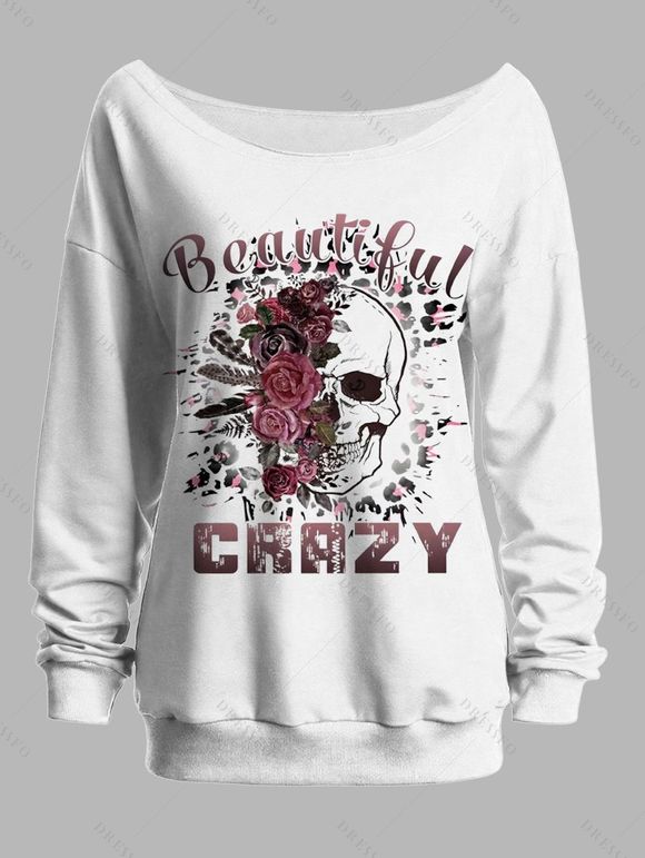 Sweat-shirt gothique pour Halloween, haut à col oblique avec imprimé tête de mort et roses - Blanc XXL | US 14