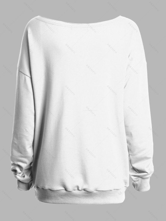 Sweat-shirt gothique pour Halloween, haut à col oblique avec imprimé tête de mort et roses - Blanc XXL | US 14