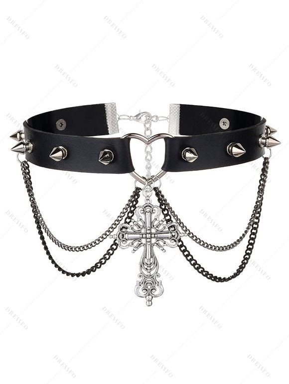 Collier ras du cou gothique avec pendentif croix et rivets - Noir 