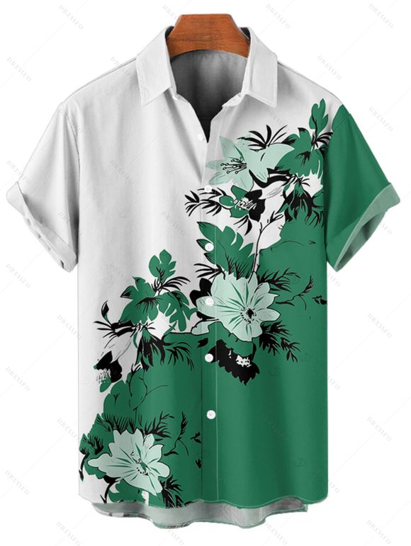 Chemise de vacances pour homme, boutonnée, imprimé floral et feuilles - Vert profond 5XL