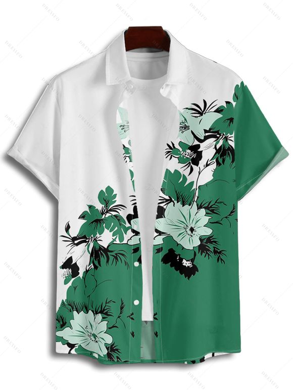 Chemise de vacances pour homme, boutonnée, imprimé floral et feuilles - Vert profond 5XL