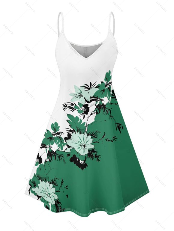 Robe de vacances à imprimé floral et feuilles, mini-robe à bretelles spaghetti colorblock - Vert profond XXXXXL | US 20
