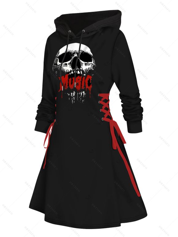 Robe à capuche punk pour Halloween, mini-robe à lacets et cordons de serrage, imprimé tête de mort et lettres - Noir XXL | US 14