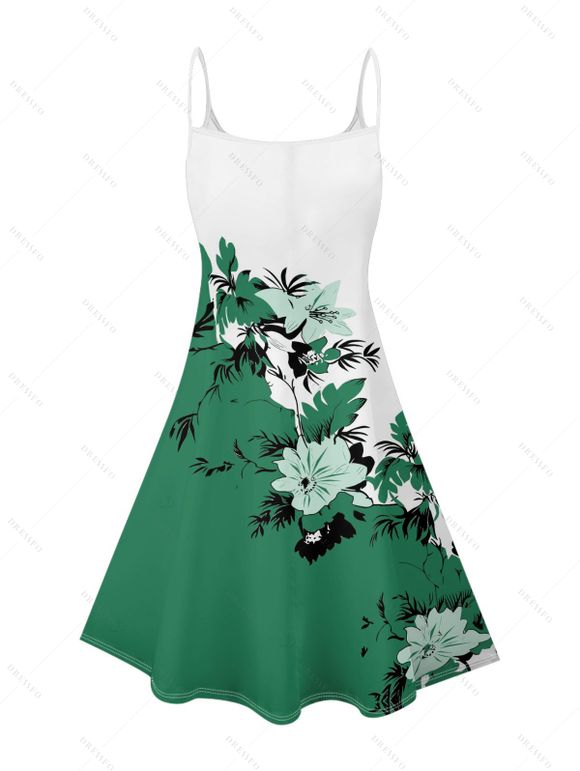 Robe de vacances à imprimé floral et feuilles, mini-robe à bretelles spaghetti colorblock - Vert profond L | US 8-10
