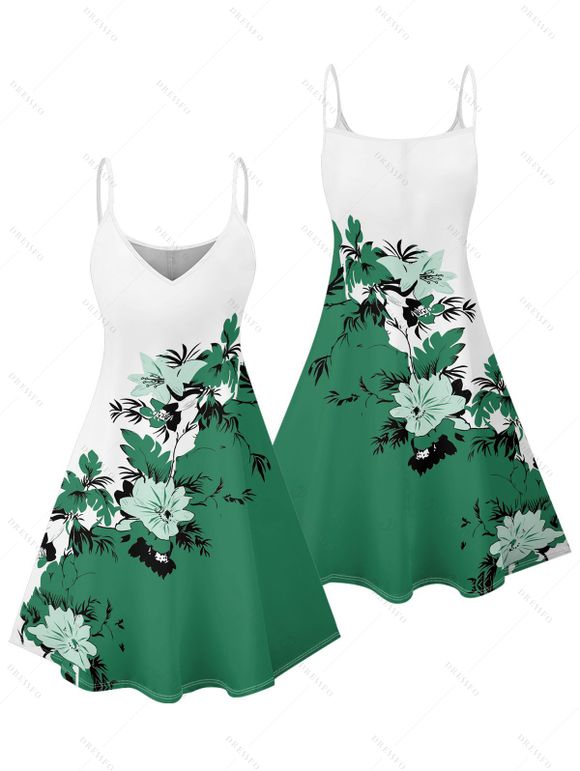 Robe de vacances à imprimé floral et feuilles, mini-robe à bretelles spaghetti colorblock - Vert profond L | US 8-10