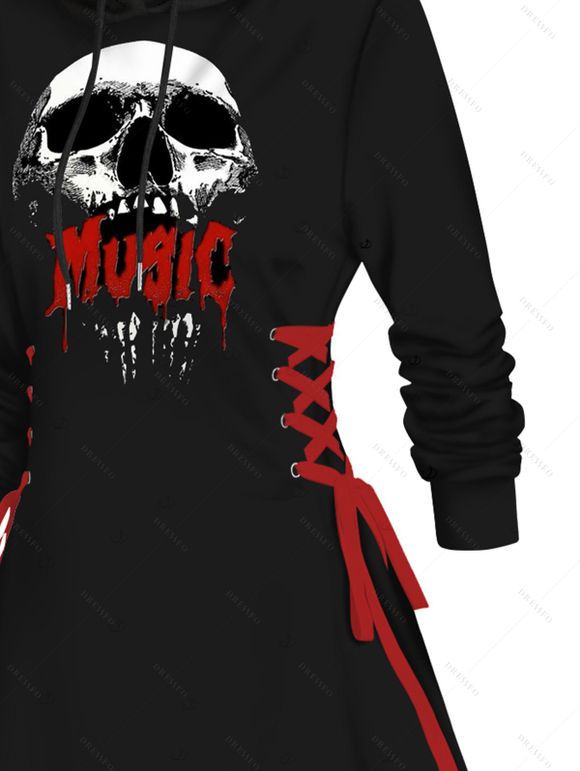 Robe à capuche punk pour Halloween, mini-robe à lacets et cordons de serrage, imprimé tête de mort et lettres - Noir L | US 8-10