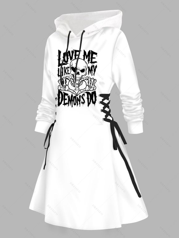 Robe à capuche gothique, imprimé tête de mort, mini-robe à lacets et cordons de serrage - Blanc XXL | US 14