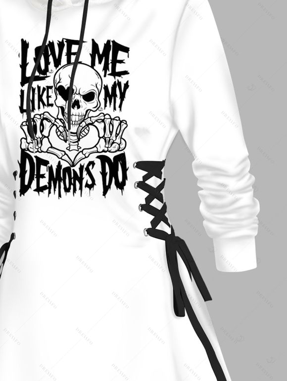 Robe à capuche gothique, imprimé tête de mort, mini-robe à lacets et cordons de serrage - Blanc L | US 8-10