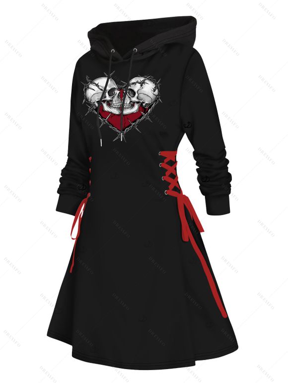 Robe à capuche gothique, mini-robe à lacets et cordons de serrage, imprimé cœur et tête de mort - Noir XXL | US 14