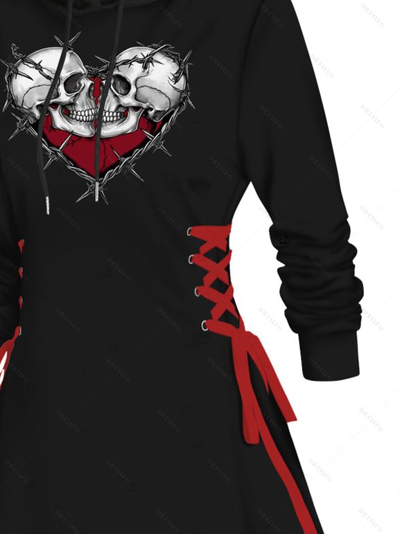 Robe à capuche gothique, mini-robe à lacets et cordons de serrage, imprimé cœur et tête de mort - Noir L | US 8-10