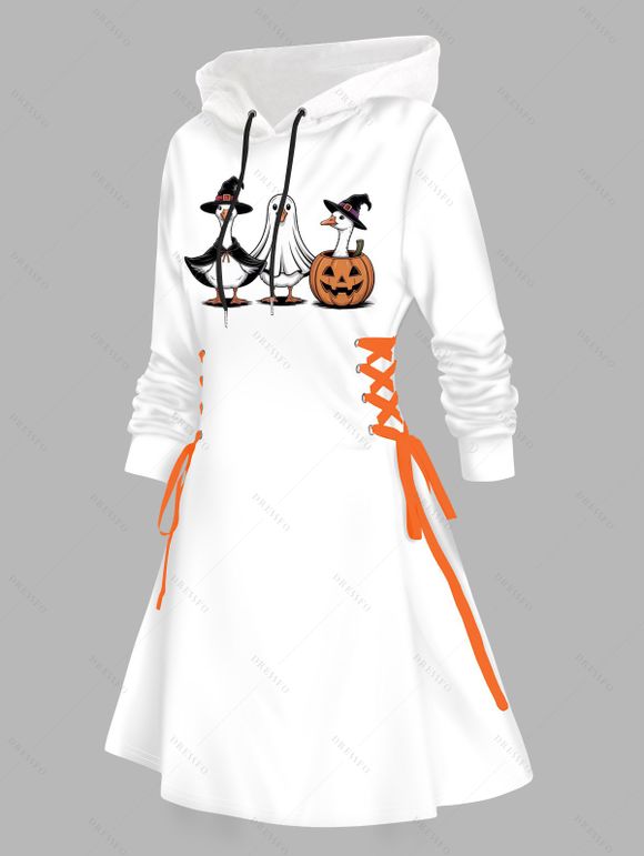 Robe à capuche d'Halloween, imprimé citrouille, fantôme, canard, mini-robe à lacets et cordons de serrage - Blanc XXL | US 14