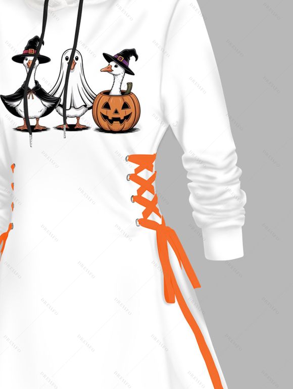 Robe à capuche d'Halloween, imprimé citrouille, fantôme, canard, mini-robe à lacets et cordons de serrage - Blanc L | US 8-10