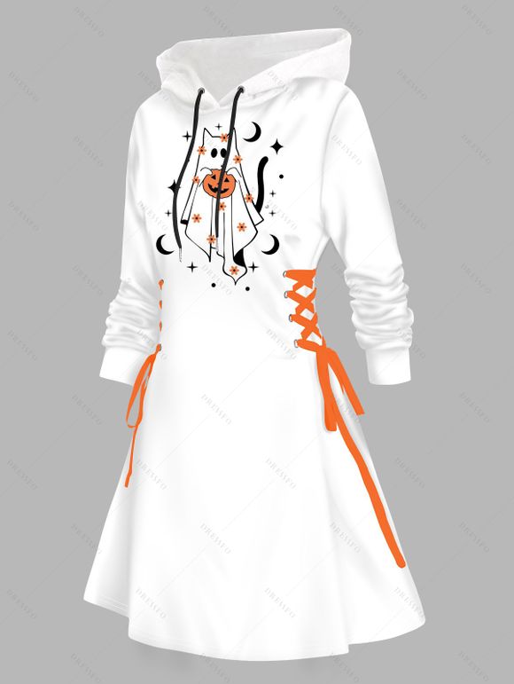 Robe à capuche d'Halloween, mini-robe à lacets et cordons de serrage, imprimé chat, citrouille et lune - Blanc XXL | US 14