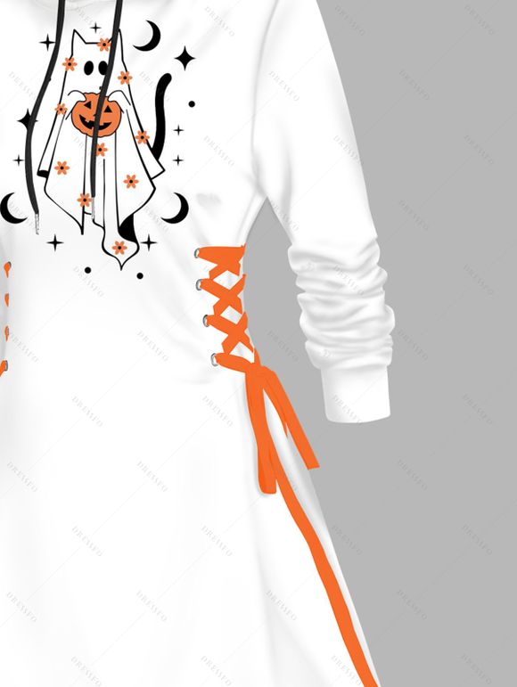 Robe à capuche d'Halloween, mini-robe à lacets et cordons de serrage, imprimé chat, citrouille et lune - Blanc L | US 8-10