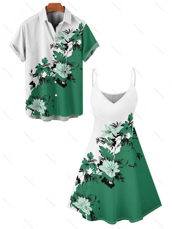 Vacation Couple Outfit Leaf Floral Print Colorblock Mini Dress and Shirt Set - Vert profond S | US 4