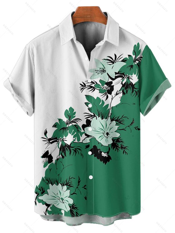 Vacation Couple Outfit Leaf Floral Print Colorblock Mini Dress and Shirt Set - Vert profond S | US 4