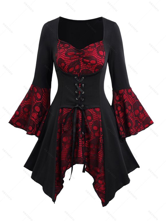 Haut gothique pour Halloween, haut long à lacets avec ourlet mouchoir et tête de mort colorblock - Rouge foncé XXL | US 14