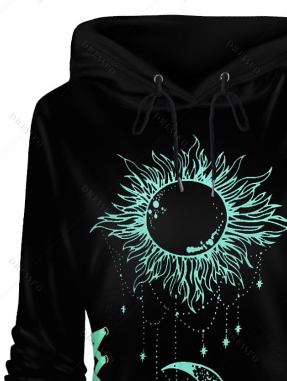Mini Robe à Capuche Contrasté Lune et Soleil Imprimés à Lacets - Noir S | US 4