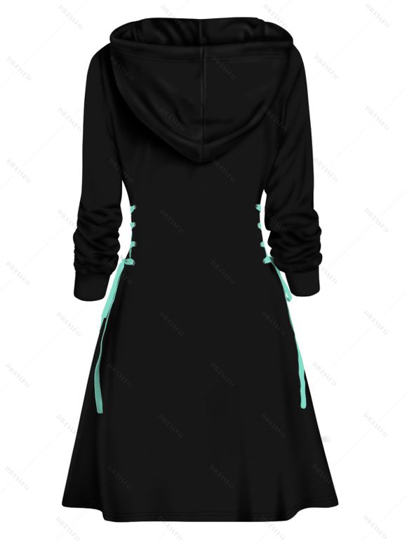 Mini Robe à Capuche Contrasté Lune et Soleil Imprimés à Lacets - Noir S | US 4