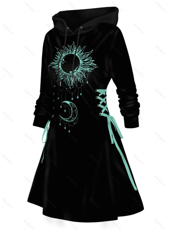 Mini Robe à Capuche Contrasté Lune et Soleil Imprimés à Lacets - Noir M | US 6