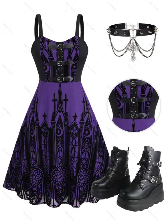 Gothic Outfit Cross Printed Grommet Dress and Rivets Choker Buckle Boots Set for Halloween - CONCORD S | US 4
