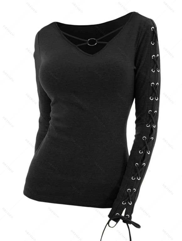 Haut ajusté à manches longues et col rond Solid VO à lacets - Noir XXL