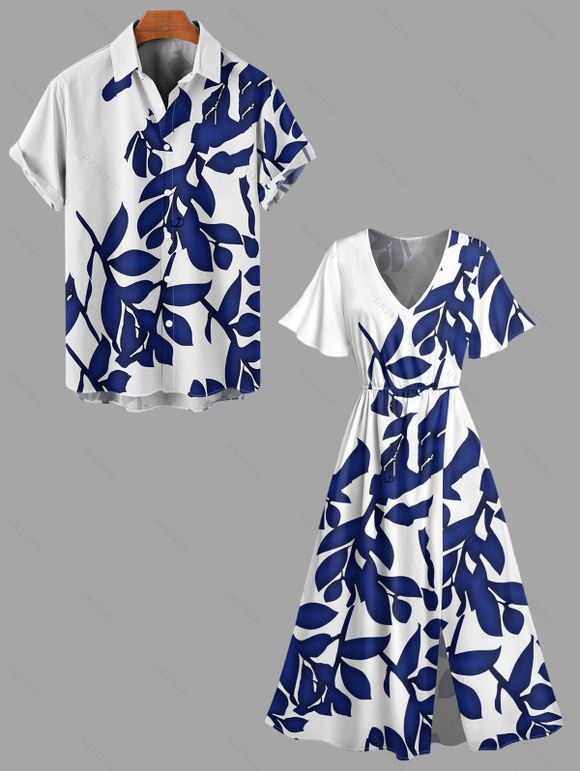 Vacation Couple Outfit for Beach Leaf Plant Print Midi Slit Dress and Shirt Set - Bleu profond S | US 4