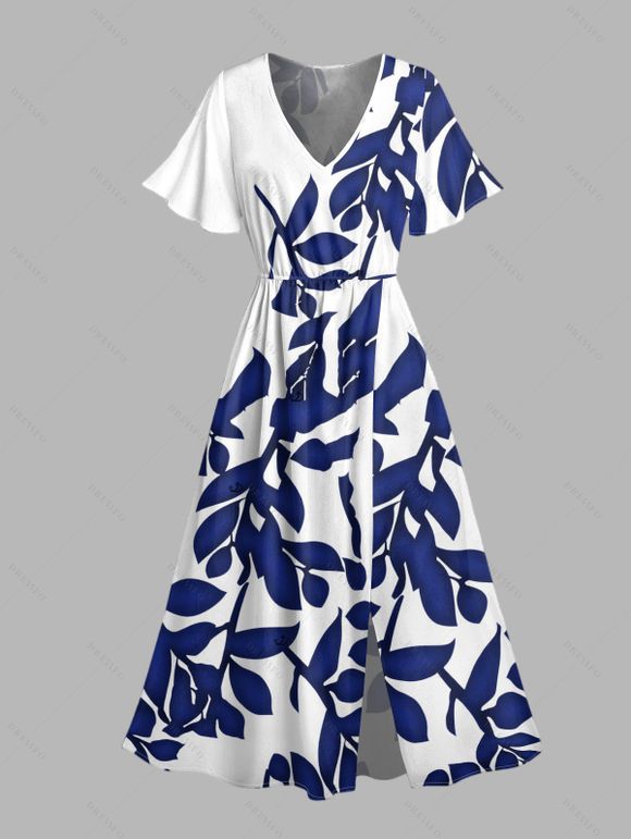 Vacation Couple Outfit for Beach Leaf Plant Print Midi Slit Dress and Shirt Set - Bleu profond S | US 4