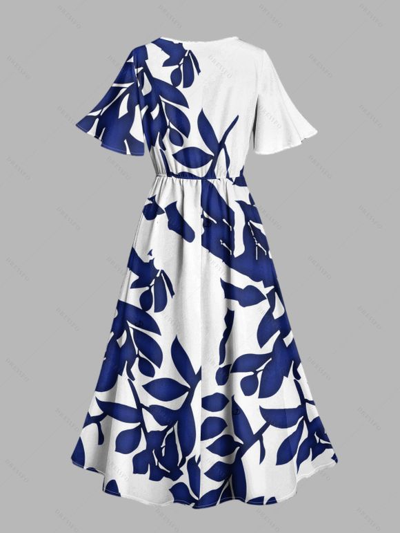Vacation Couple Outfit for Beach Leaf Plant Print Midi Slit Dress and Shirt Set - Bleu profond S | US 4