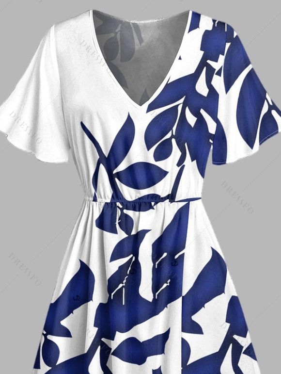 Robe de vacances mi-longue fendue à imprimé feuilles et plantes pour la plage - Bleu profond S | US 4