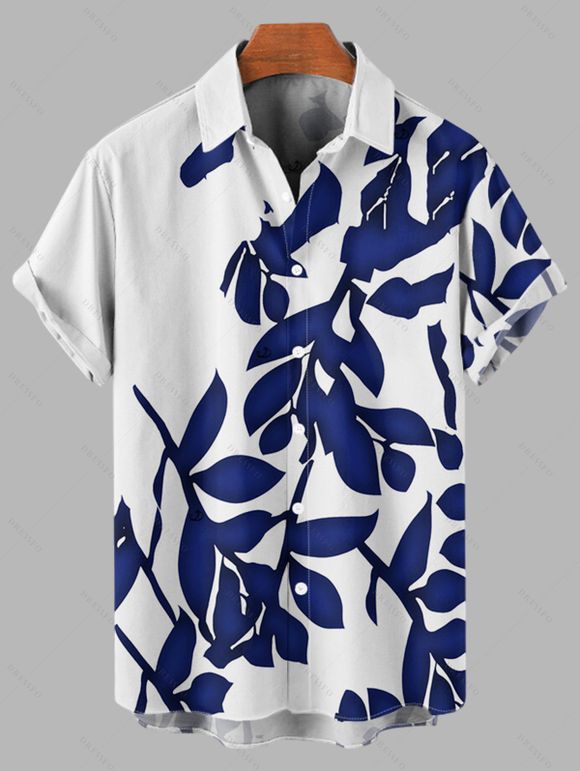 Vacation Couple Outfit for Beach Leaf Plant Print Midi Slit Dress and Shirt Set - Bleu profond S | US 4