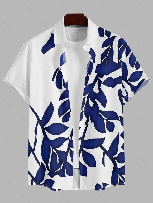 Vacation Couple Outfit for Beach Leaf Plant Print Midi Slit Dress and Shirt Set - Bleu profond S | US 4
