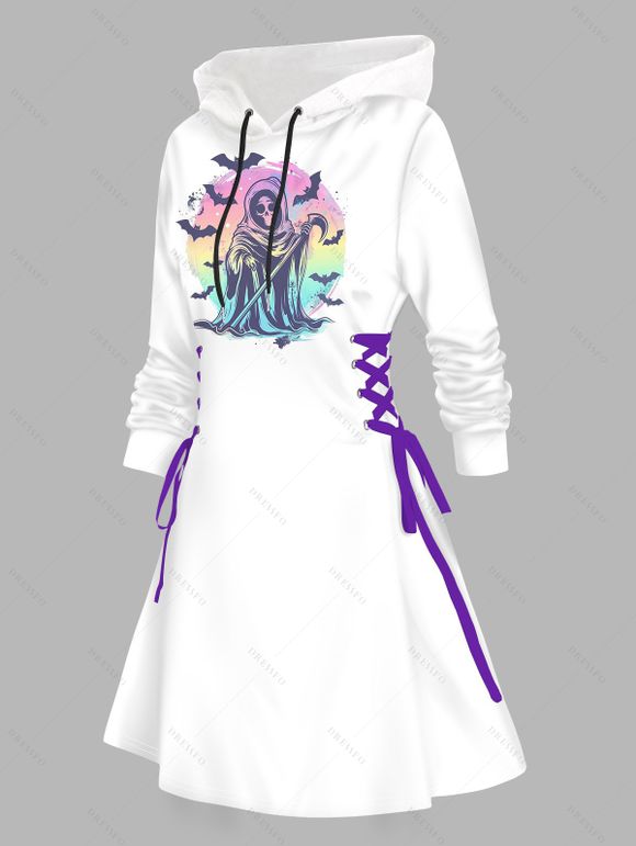 Robe à capuche gothique, imprimé tête de mort, sorcier, chauve-souris, mini-robe à lacets et cordons de serrage - Blanc XXL | US 14
