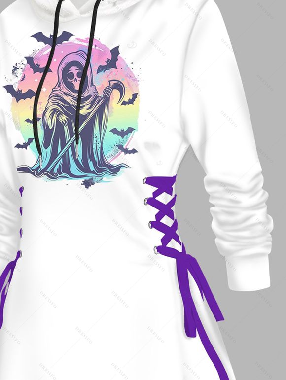 Robe à capuche gothique, imprimé tête de mort, sorcier, chauve-souris, mini-robe à lacets et cordons de serrage - Blanc L | US 8-10