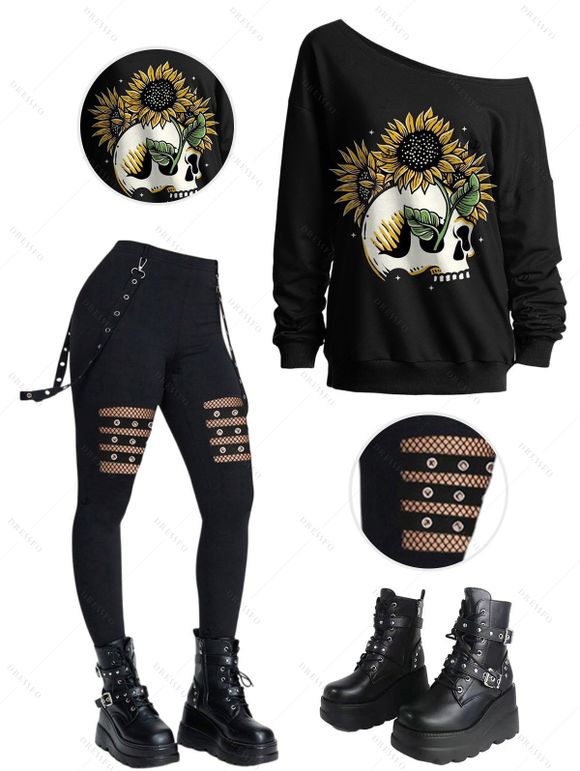 Gothic Outfit Floral Skulls Print Sweatshirt and Grommet Chain Pants Boots Set - Noir S | US 4
