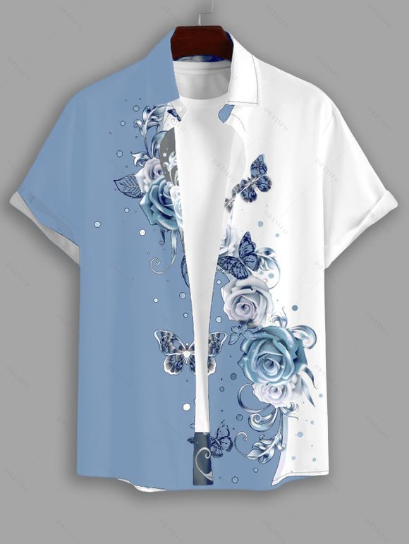 Chemise à manches retroussables pour homme, imprimé rose, boutonnée, manches courtes, décontractée - Bleu clair 5XL