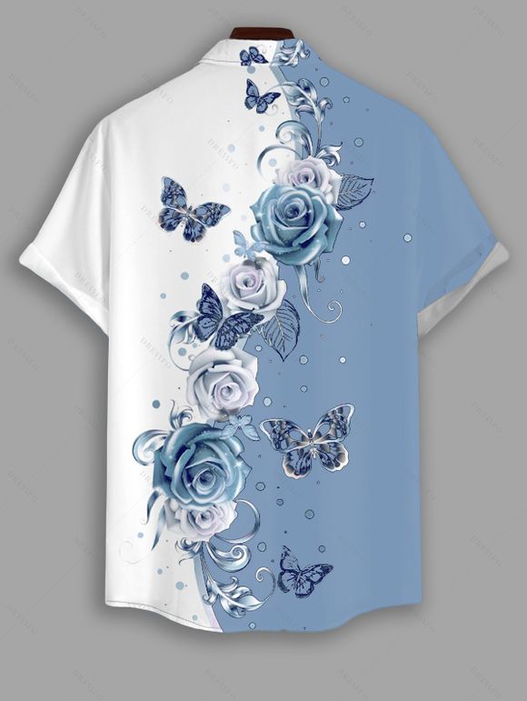 Chemise à manches retroussables pour homme, imprimé rose, boutonnée, manches courtes, décontractée - Bleu clair L