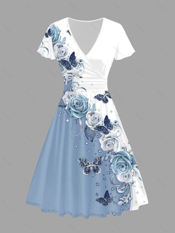 Robe trapèze taille haute à imprimé papillon et rose, col en V, manches à volants - Bleu clair XXL | US 14