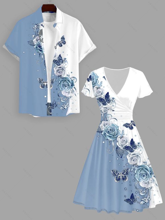 Butterfly Rose Print Women's V Neck Ruffle Sleeve Surplice Dress and Men's Roll Up Sleeve Shirt Gentleman Shirt Resort Outfit - Bleu clair S | US 4