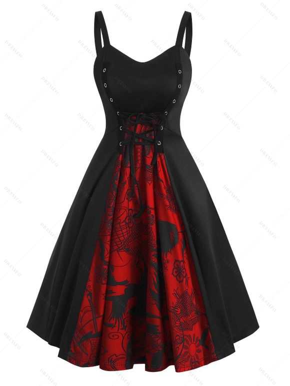 Robe d'Halloween à lacets colorblock, mini-robe trapèze sans manches - Noir XXL | US 14