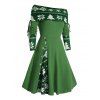 Robe colorblock, robe de Noël, imprimé sapin et flocon de neige, mini-robe trapèze cintrée à manches longues et godets - Vert XXL