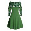 Robe colorblock, robe de Noël, imprimé sapin et flocon de neige, mini-robe trapèze cintrée à manches longues et godets - Vert XXL