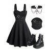 Gothic Women Outfit Grommet Buckle Strap Mini Dress and Chain Rivets Choker Zipper Boots Set - BLACK S | US 4