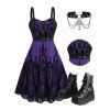 Gothic Outfit Cross Printed Grommet Dress and Rivets Choker Buckle Boots Set for Halloween - CONCORD S | US 4