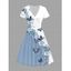 Robe trapèze taille haute à imprimé papillon et rose, col en V, manches à volants - Bleu clair XXL | US 14