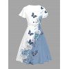 Robe trapèze taille haute à imprimé papillon et rose, col en V, manches à volants - Bleu clair XXL | US 14