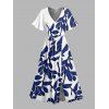 Vacation Couple Outfit for Beach Leaf Plant Print Midi Slit Dress and Shirt Set - Bleu profond S | US 4